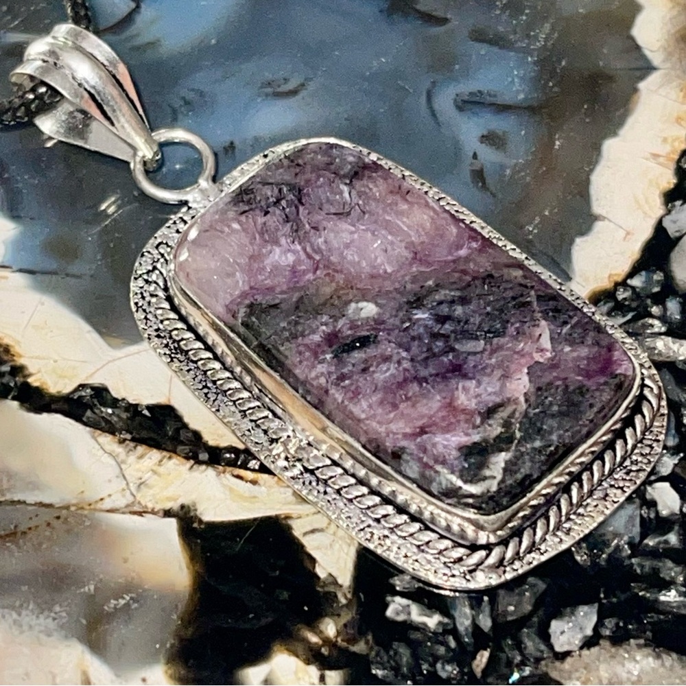 Rectangular Shape Charoite Pendant 2 1/4” - Picture 4 of 12